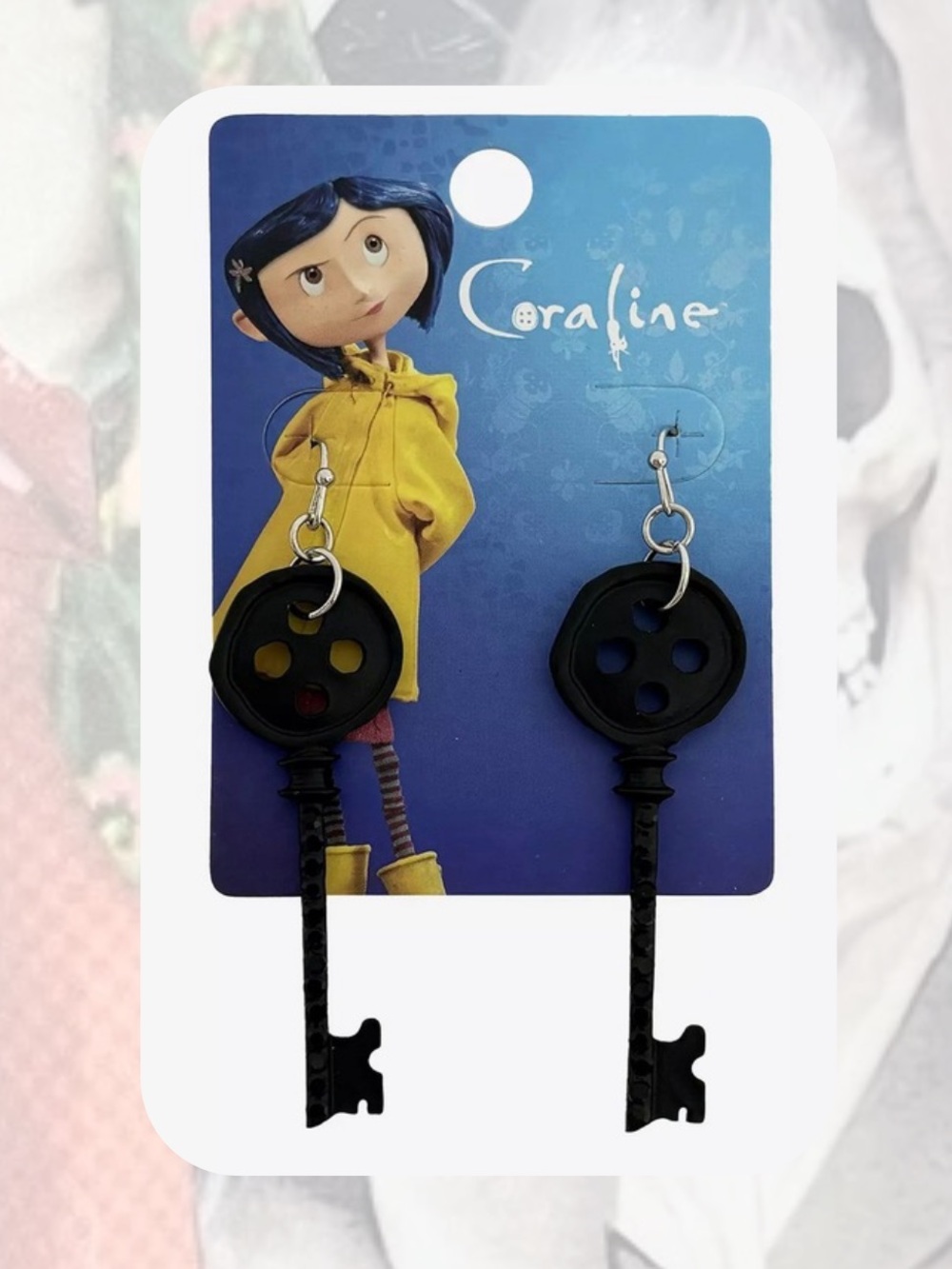 🎉🎉Tim Burton Coraline Black Studded Button Key Dangle Drop Earrings